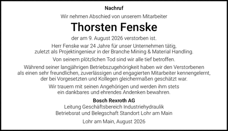 Nachruf Wir nehmen Abschied von unserem Mitarbeiter Thorsten Fenske der am 9