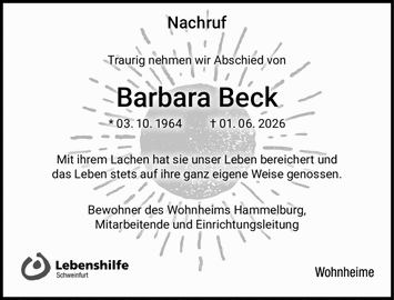Nachruf Traurig nehmen wir Abschied von Barbara Beck * 03