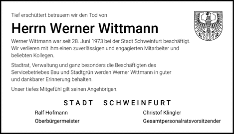 Tief ersch&uuml;ttert betrauern wir den Tod von Herrn Werner Wittmann Werner
