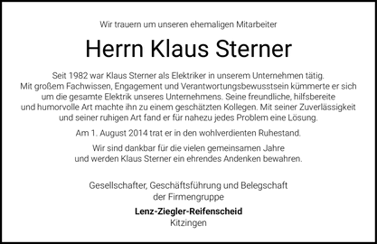 Wir trauern um unseren ehemaligen Mitarbeiter Herrn Klaus Sterner Seit 1982