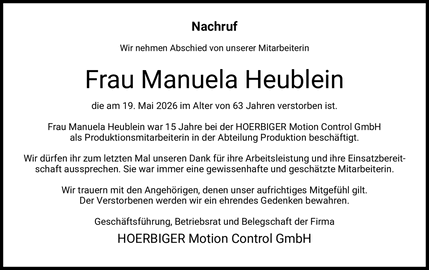 Nachruf Wir nehmen Abschied von unserer Mitarbeiterin Frau Manuela Heublein