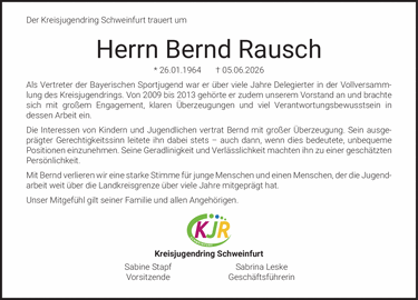Der Kreisjugendring Schweinfurt trauert um Herrn Bernd Rausch * 26