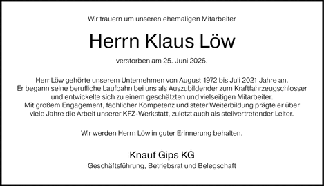 Wir trauern um unseren ehemaligen Mitarbeiter Herrn Klaus L&ouml;w verstorben am 25