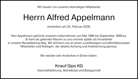 Wir trauern um unseren ehemaligen Mitarbeiter Herrn Alfred Appelmann