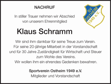 NACHRUF In stiller Trauer nehmen wir Abschied von unserem Ehrenmitglied Klaus