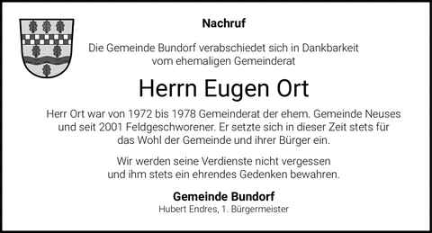 Nachruf Die Gemeinde Bundorf verabschiedet sich in Dankbarkeit vom ehemaligen