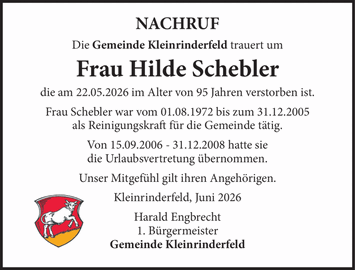 NACHRUF Die Gemeinde Kleinrinderfeld trauert um Frau Hilde Schebler die am 22