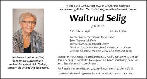 In Liebe und Dankbarkeit m&uuml;ssen wir Abschied nehmen von unserer geliebten