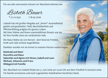 F&uuml;r uns alle unerwartet m&uuml;ssen wir Abschied ne ehmen von Lisbeth Bauer * 27