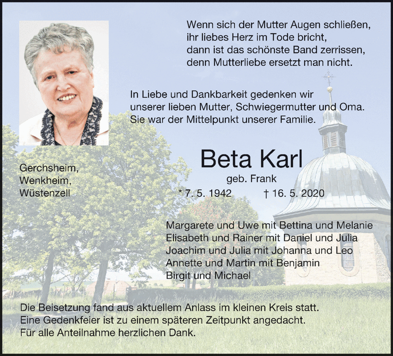 Wenn sich der Mutter Augen schließen