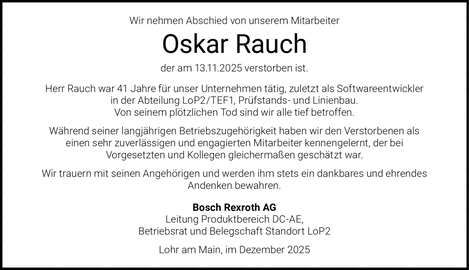 Wir nehmen Abschied von unserem Mitarbeiter Oskar Rauch der am 13