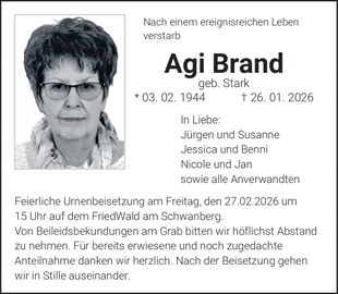 Nach einem ereignisreichen Leben verstarb Agi Brand geb