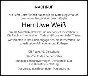 NACHRUF Mit tiefer Betroffenheit haben wir die Mitteilung erhalten